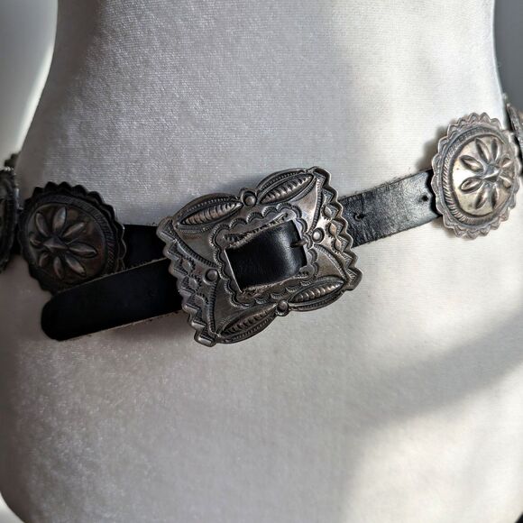 Antique Coin Ingot Silver Concho Belt Second Phase Navajo Handmade Leather - Picture 9 of 10